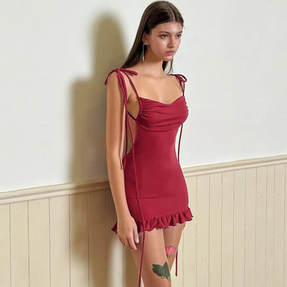 2024 European & American High-End Y2K Sexy Open Back Lace-Up Slim Fit Short Skirt - Spicy Girl Style