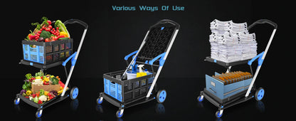 Collapsible Multi-Use Utility Cart — Adjustable Folding Shopping Trolley with Storage Crate, Lightweight Moving Cart