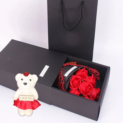 Handmade 7 Rose Soap Bouquet with Little Bear Gift Box – Creative Valentine’s, Mother’s Day & Birthday Flower Gift
