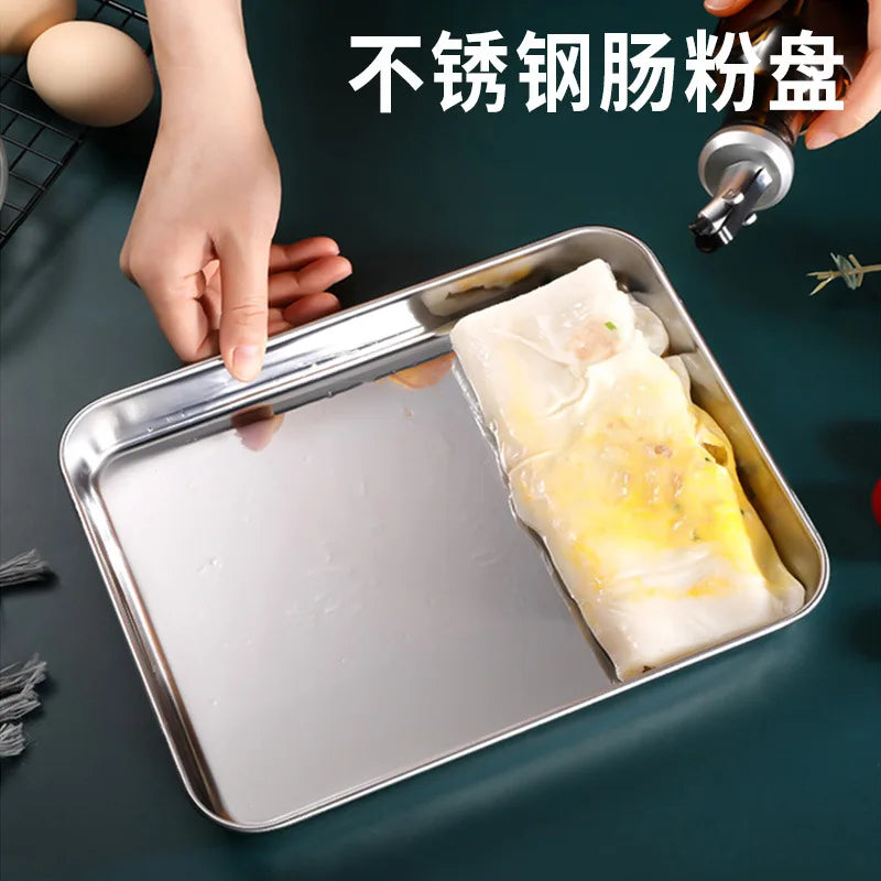 Rectangle Stainless Steel Buffet Tray – Metal Food Serving Plate for Rice, Noodles, & Home Dishes Storage Organizer