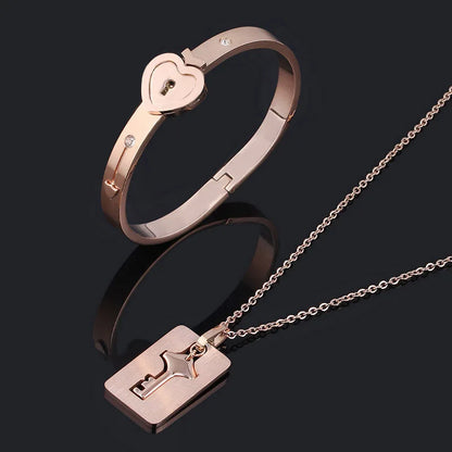 Couple Stainless Steel Love Lock Bracelet & Key Pendant Necklace – Romantic Jewelry Gift for Men and Women