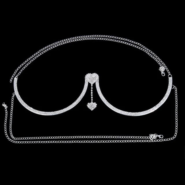 Women’s Heart Rhinestone Body Chain Bra – Chest Jewelry Bikini Halter Top with Breast Support for Parties & Banquets