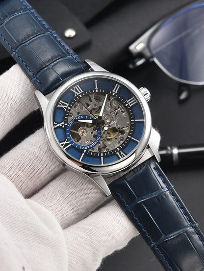 LONGLUX Rome Automatic Mechanical Waterproof Men’s Watch – Hollow Dial Leather Wristwatch Gift