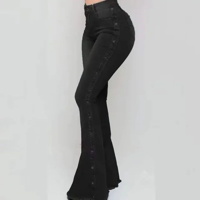 Women’s High Waist Flare Jeans - Stretch Denim Vintage Button Trousers for Spring Autumn Streetwear Fashion