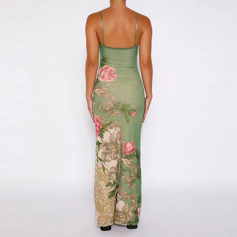Summer Style Staple: Sleeveless Print Suspender Dress - V-Neck Slim Long Skirt, Women's Beach Party Club Robe (Style: JY23159SK)