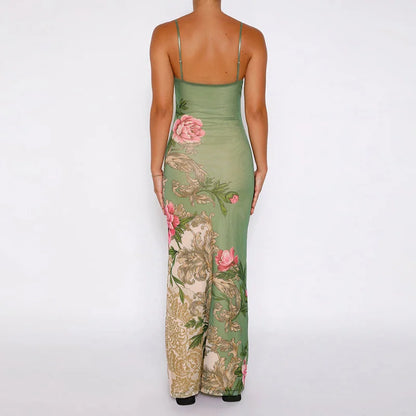 Summer Style Staple: Sleeveless Print Suspender Dress - V-Neck Slim Long Skirt, Women's Beach Party Club Robe (Style: JY23159SK)