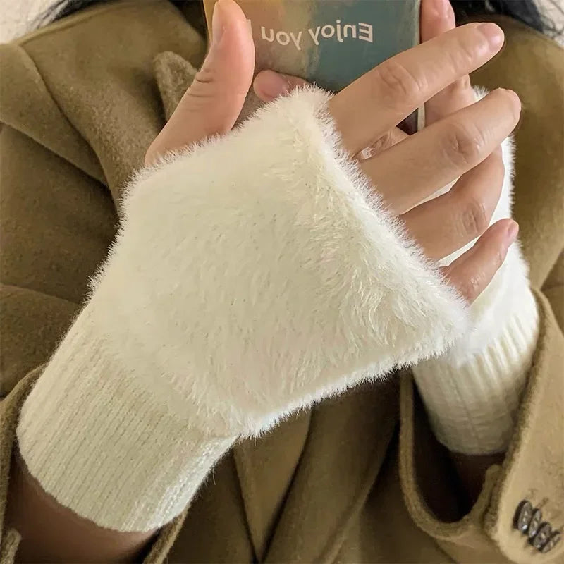 Stay Cozy in Luxury: Women's Mink Fleece Half Finger Gloves - Soft Winter Warmth in Solid White, Plush Knitted Fingerless Design for Comfort