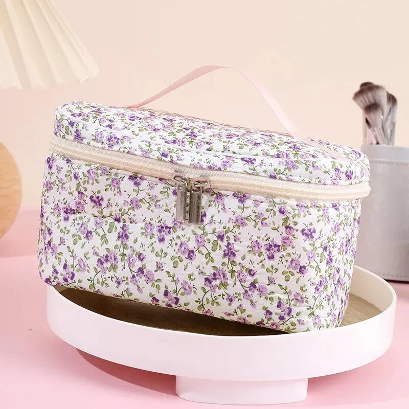 Cotton Floral Cosmetic Pouch – Dual Zipper Makeup Organizer, Portable Travel Storage & Wash Bag