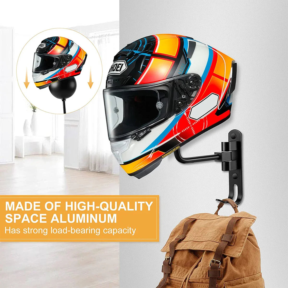Stainless Steel Motorcycle Helmet Rack: 180° Rotation Wall Mount Helmet Holder with Double Hook for Bike Helmets