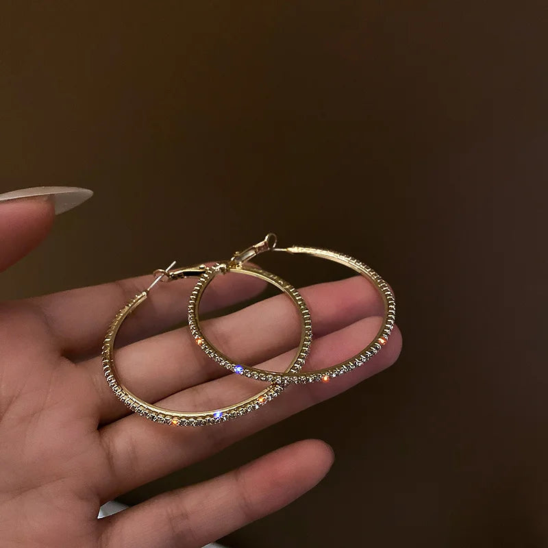 Women’s Shiny Large Circle Cross Hoop Earrings – Rhinestone Geometric High-End Fashion Jewelry