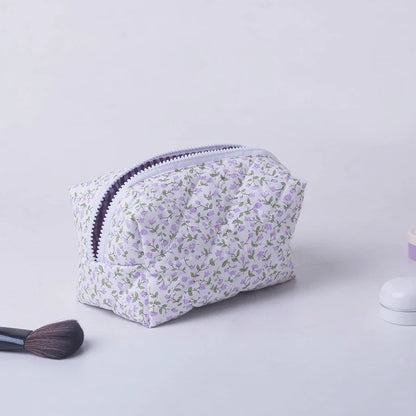 Floral Puffy Quilted Makeup Bag — Large Travel Cosmetic Organizer Pouch with Flower Print for Makeup Accessories