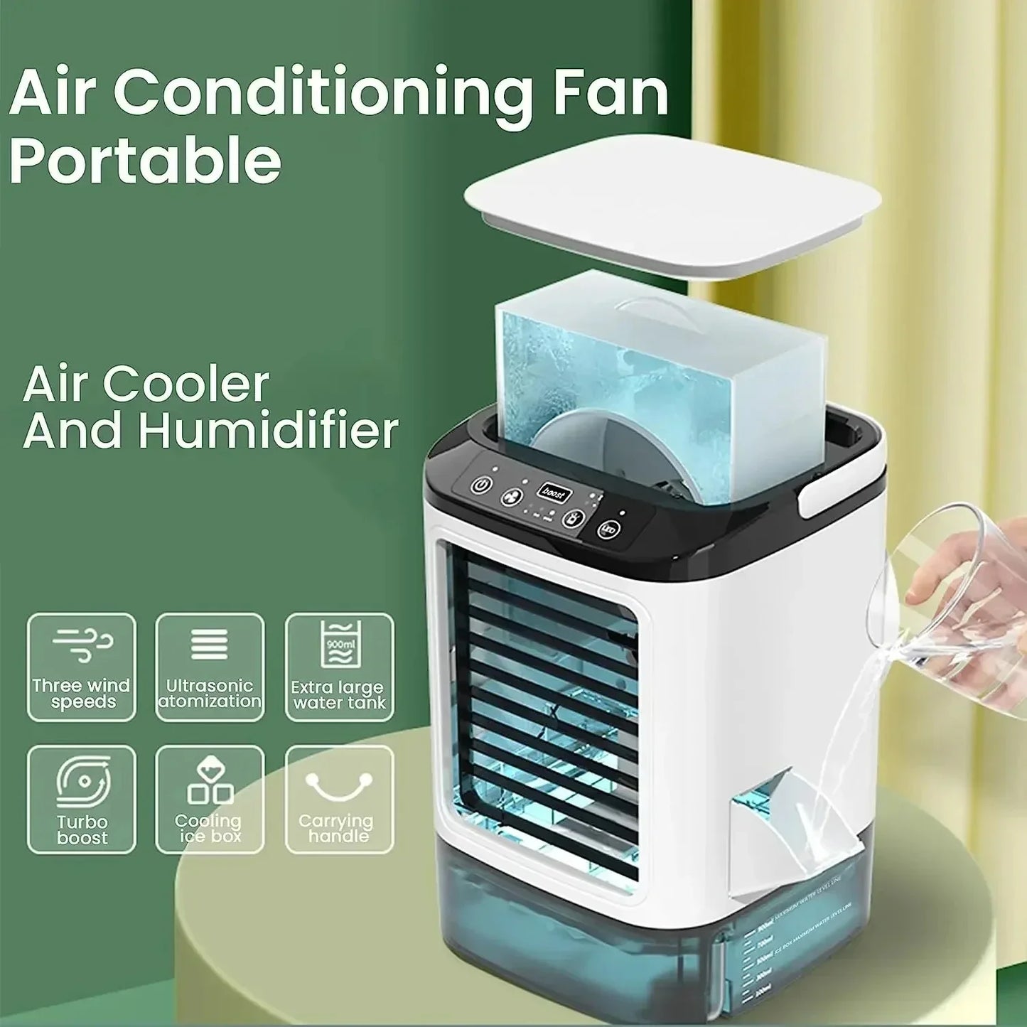 Portable Mini Air Conditioner – 3-Speed Small AC Unit with 900ML Water Tank, Electric Fan and Humidifier for Bedroom & Office