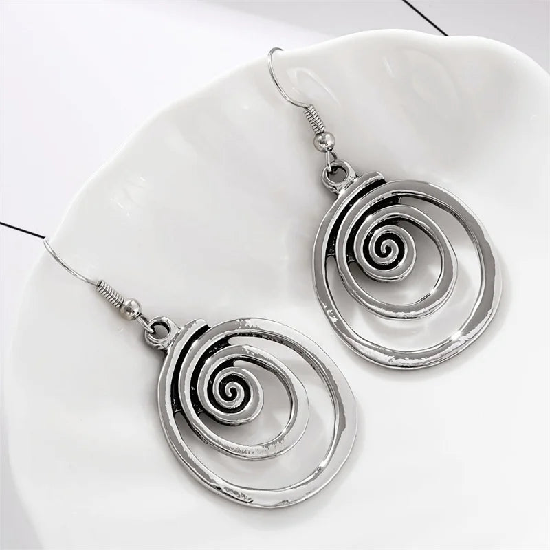 Ethnic Silver Round Spiral Dangle Earrings – Retro Geometric Metal Jewelry for Women Accessories