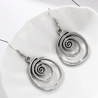 Ethnic Silver Round Spiral Dangle Earrings – Retro Geometric Metal Jewelry for Women Accessories