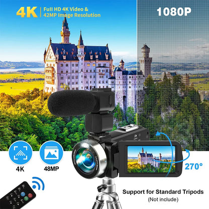 4K Digital Video Camera – 42MP 2-in-1 Photo & Video Camcorder, 18X Zoom, 3.0-inch Rotatable Screen, High Definition