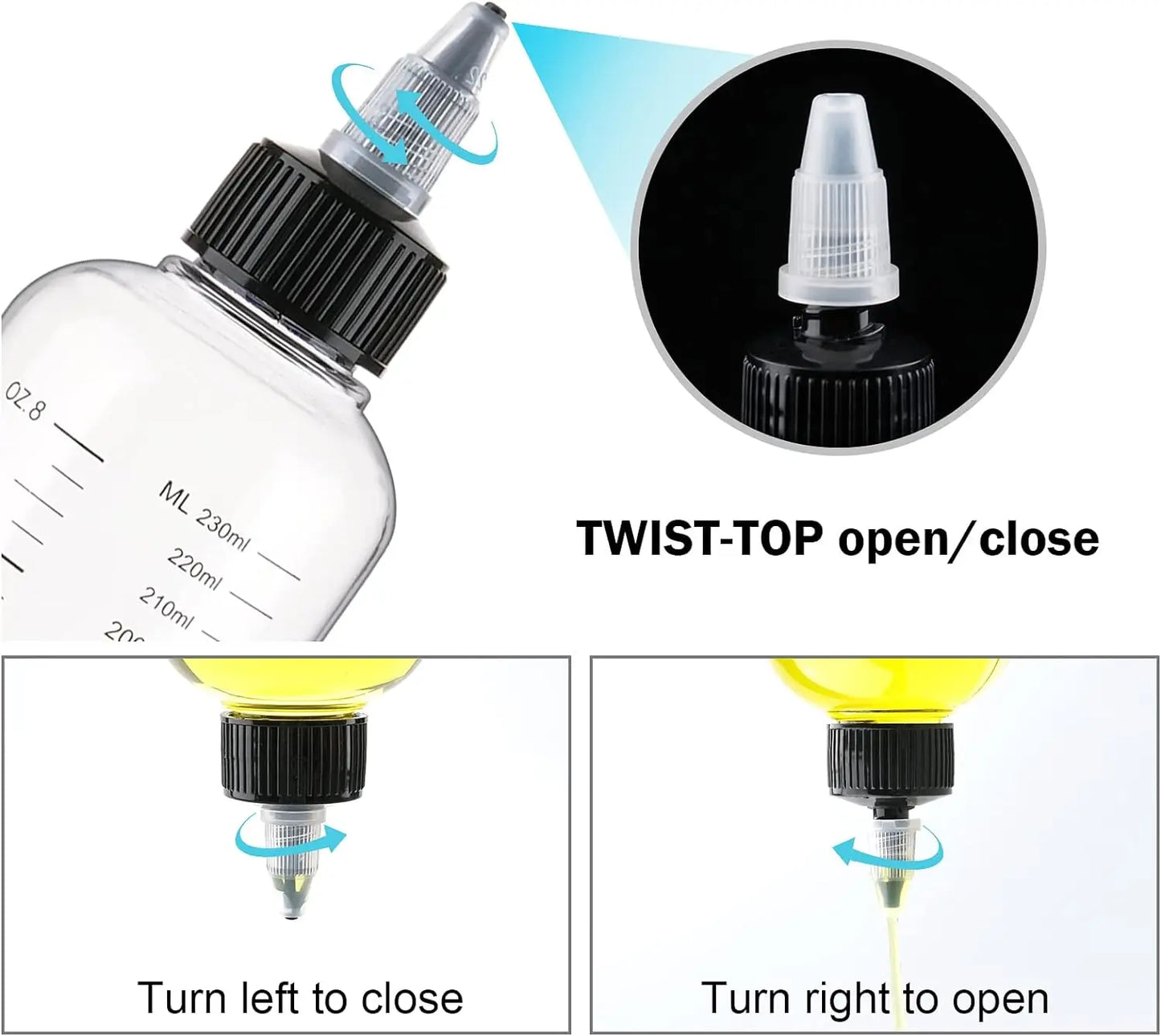 5PCS Graduated Plastic Squeeze Bottles – 30/50/100/250ML Dispensing Bottles with Twist Cap for Tattoo Pigment & Ink