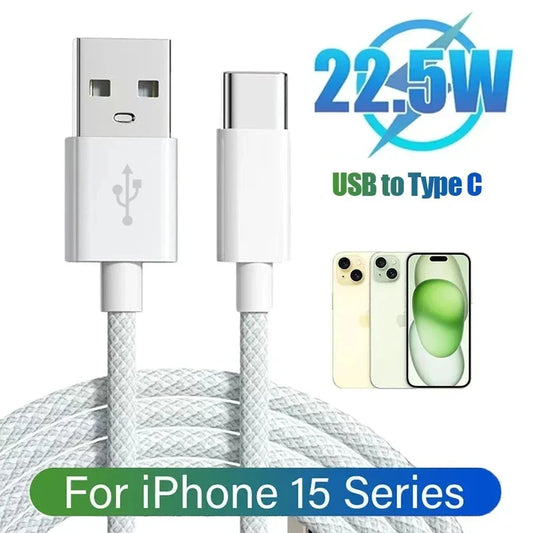 22.5W 3A USB to Type C Fast Charging Cable – For iPhone 15 Series, CarPlay, Nylon Braided USB C Data Cord