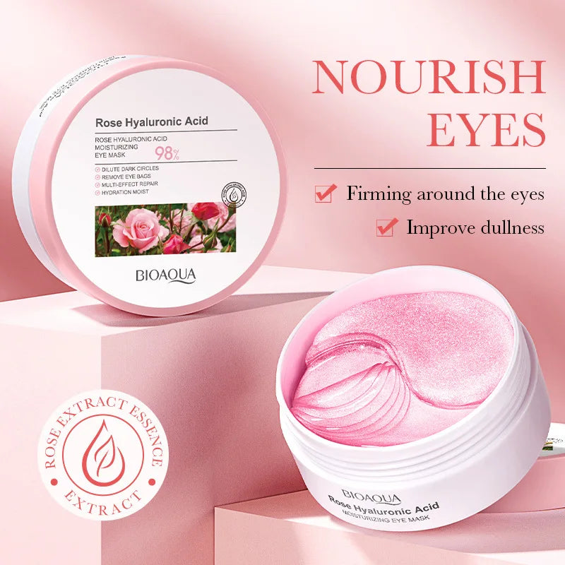 60PCS BIOAQUA Rose Hyaluronic Acid Eye Masks – Anti-Dark Circles, Eye Bags, Moisturizing & Firming Skincare Patches