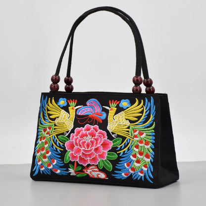 Embroidered Canvas Top Handle Bag for Women - Double Layered with Zippered Compartments, Ideal for Work and Play