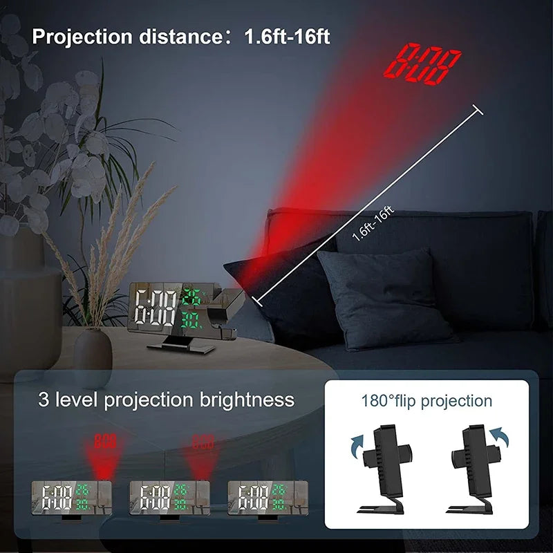 LED Digital Projection Alarm Clock – Ceiling Projector with Time, Temperature Display, Backlight & Snooze Function for Home