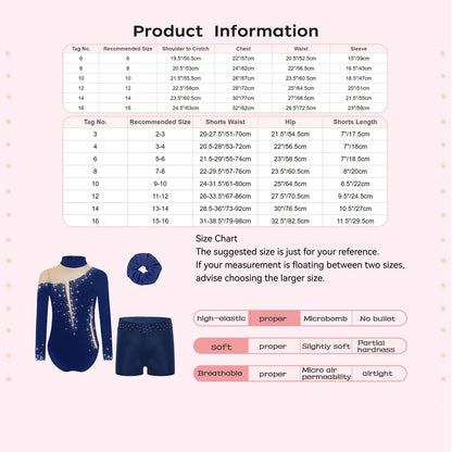 Kids Girls Long-Sleeve Ballet Leotard with Body Shorts & Hair Band — Gymnastics Dance Bodysuit