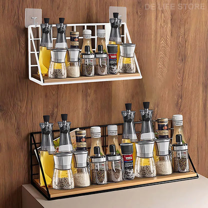 Wooden Hanging Spice Rack – Wall-Mounted Kitchen Organizer for Jars, Seasoning & Accessories