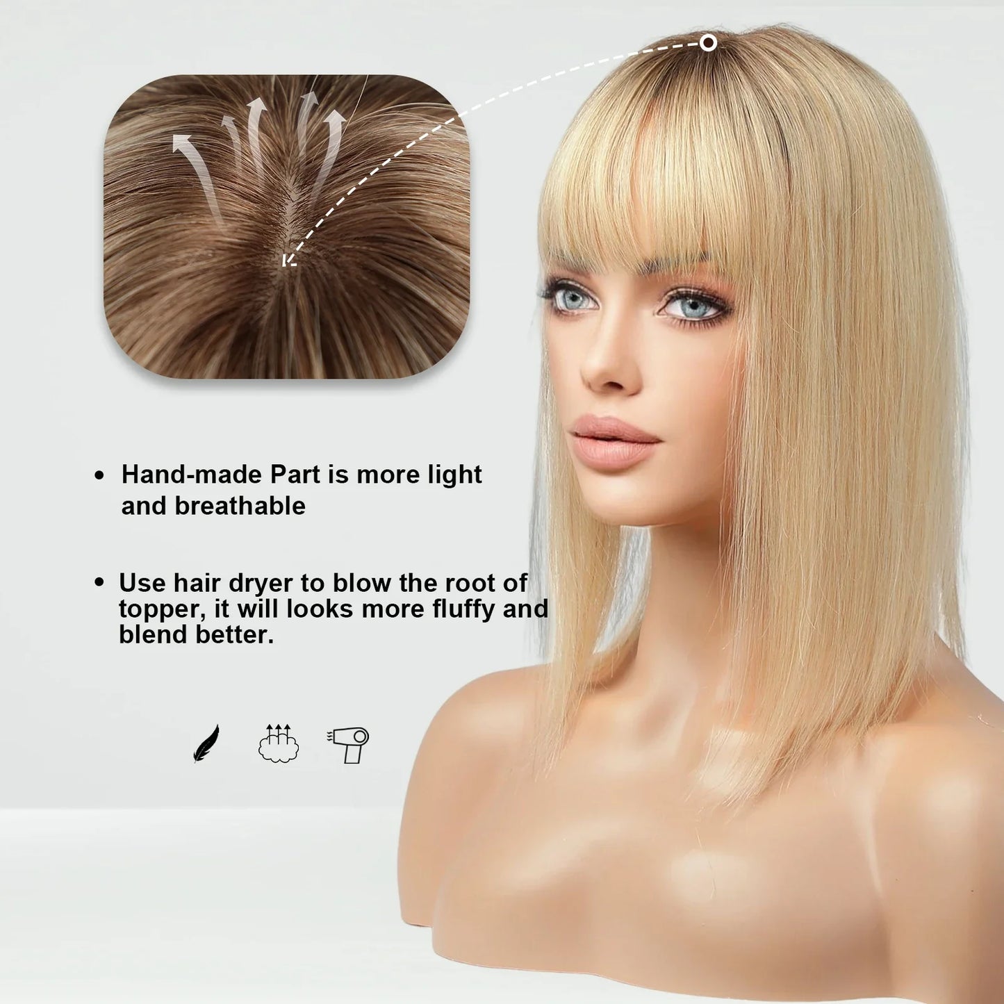 Brown Blonde Ombre Human Hair Toppers for Women – 10/12/14 Inches with Silk Base, Clips, and Bangs