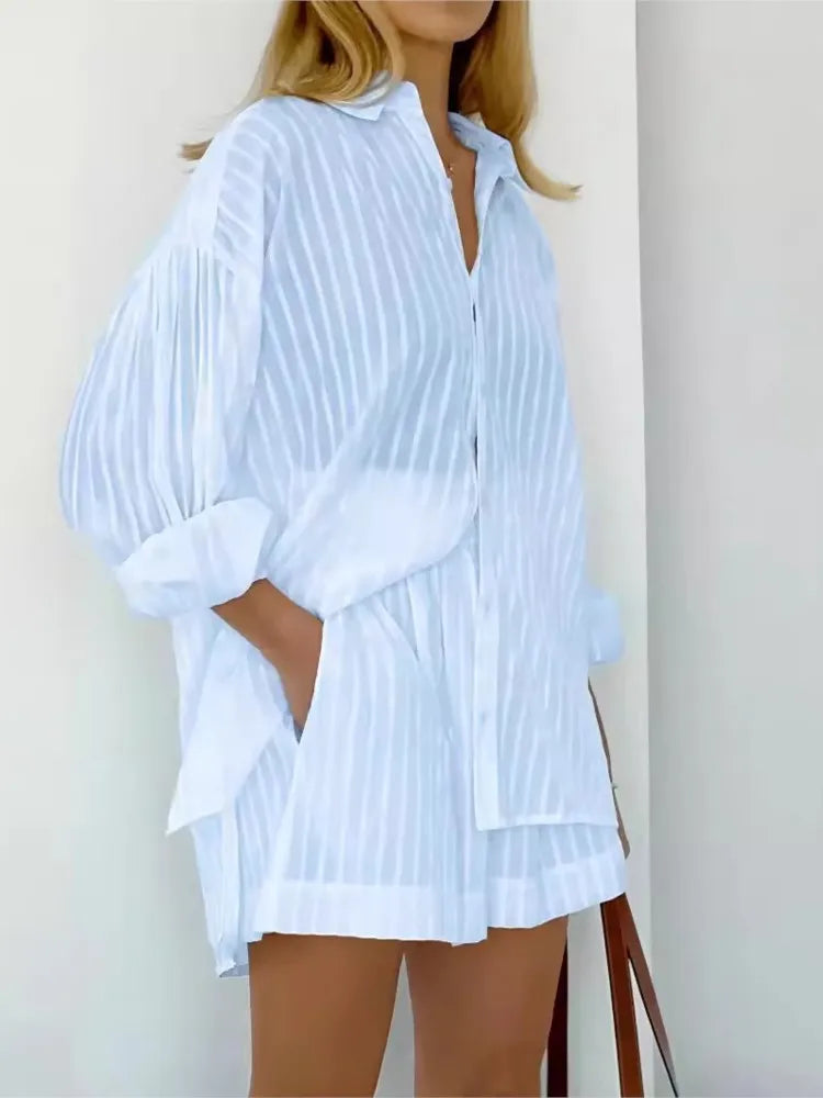 2024 Women’s Two-Piece Set – Solid Cotton Stripe Long Sleeve Shirt & Shorts, Spring/Summer Casual Outfit