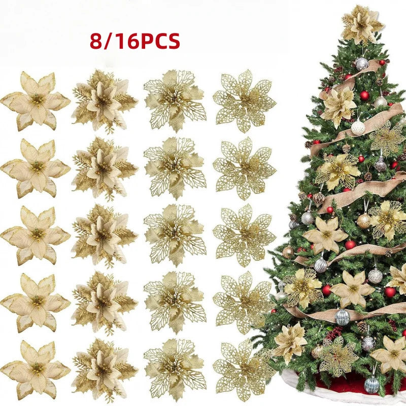 8/16PCS Glitter Artificial Christmas Flowers | Xmas Tree Decorations & Home Ornaments for 2025 New Year