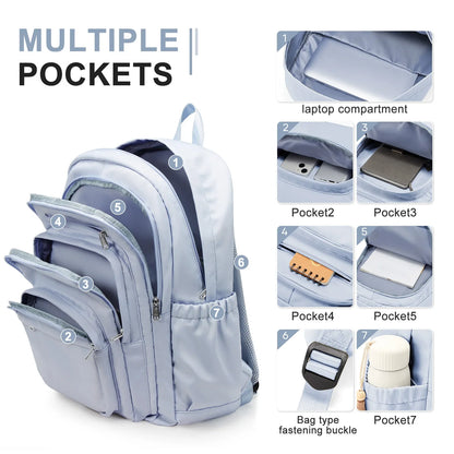 Light Blue Casual Nylon Backpack for Women – Multi-Pocket Durable School, College & Travel Bookbag with Spacious Design