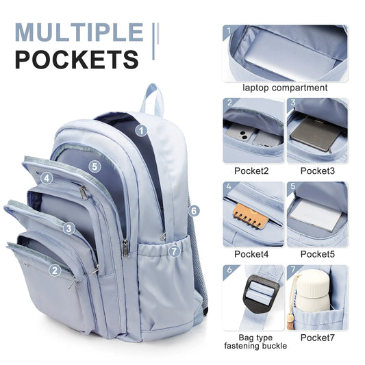 Light Blue Casual Nylon Backpack for Women – Multi-Pocket Durable School, College & Travel Bookbag with Spacious Design