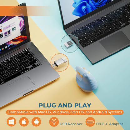 Seenda Vertical Wireless Mouse - Rechargeable Type C Ergonomic USB & Type C Mice for Laptop, PC, MacBook, Windows, Android