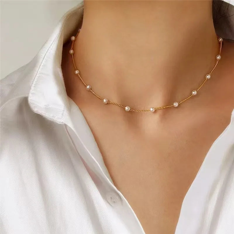 Women’s Gothic Pearl Beaded Lace Necklace – Gold Pendant Collar Jewelry Accessory for Girls