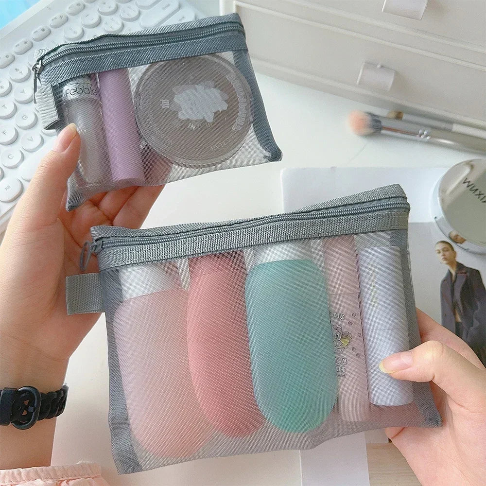 1/3PCS Black Mesh Clear Cosmetic Bag Set Portable Travel Makeup Toiletry Organizer Pouch Storage Case