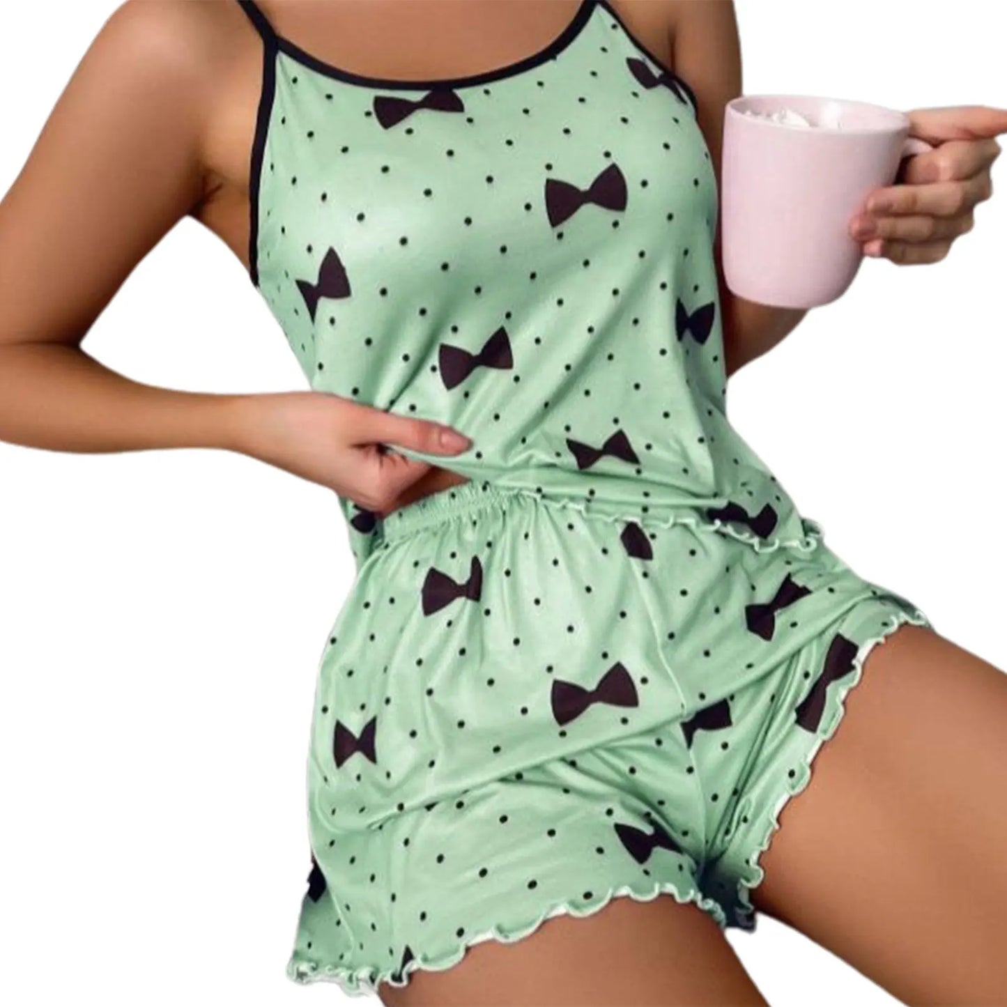 Women's Satin Pajama Set – Soft Printed Cami Top & Shorts Sleepwear for Home & Daily Wear