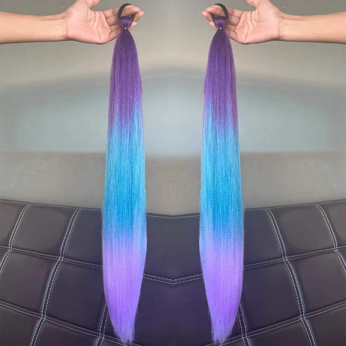 2Pcs Purple Synthetic Ponytail Extensions – Long Straight Hair Accessories with Rubber Bands for Women & Halloween