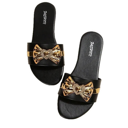Women’s Bow Buckle Flat Sandals - Fashionable Solid Color Round-Toe Slippers