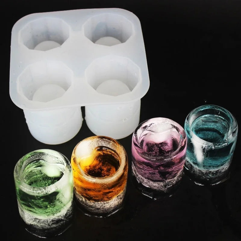 Silicone Ice Cube Mold – 4-Hole Round Press Ice Block Maker for Whiskey, Beer & Drinks | Reusable Cup-Shaped Ice Tray Kitchen Tool