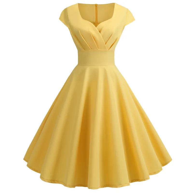 Women’s Pink Summer Dress – V-Neck Vintage Retro Midi Party & Office Dress