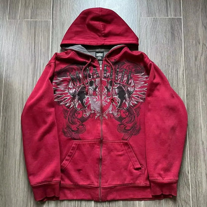2000s Red Couple Zipper Hoodie – Vintage Y2K Skull Snake Cotton Full-Zip Sweatshirt