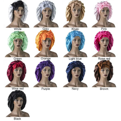 Satin Nightcap for Women - Wide Stretch, Extra-Large Long Tail, Shower Cap with Ribbon, Round Hat Hair Bonnet