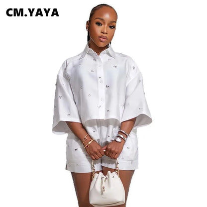 CM.YAYA Women’s Summer 2-Piece Set 2025 – Beaded 3/4 Sleeve Top & Shorts Streetwear Outfit