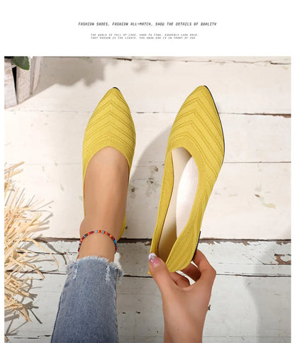 Women’s Solid Color Pointed Toe Knitted Slip-On Flats – Casual Breathable Ballet Loafers