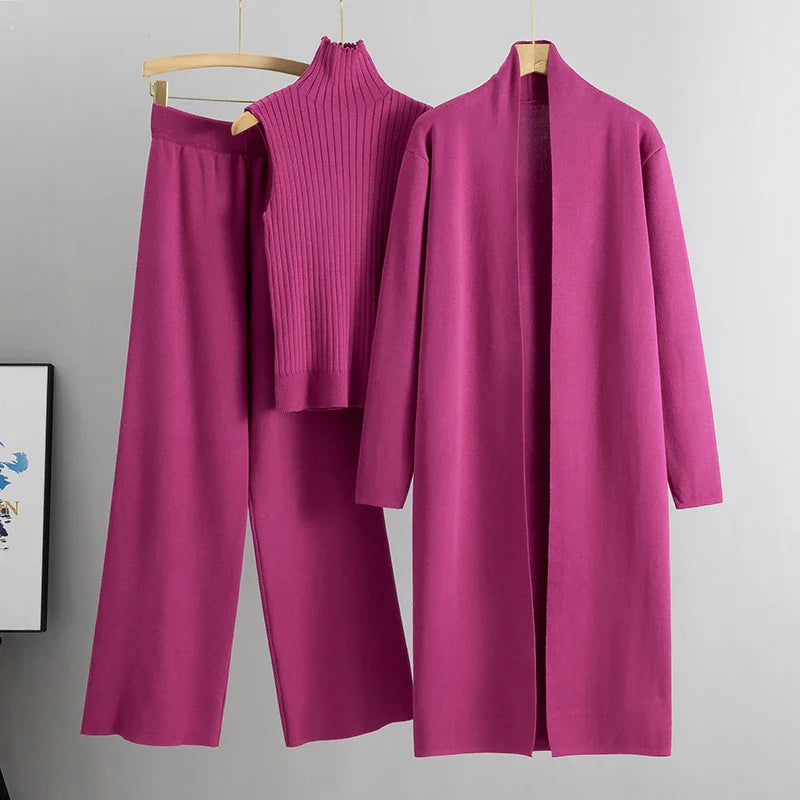 2025 Women’s 3-Piece Knitted Set – Elegant Winter & Autumn Cardigan, Sweater, and Wide-Leg Pants