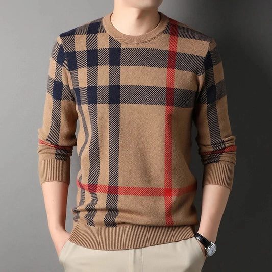 Luxury Men’s Knitted Wool Pullover – Autumn Winter O-Neck Striped British Casual Sweater