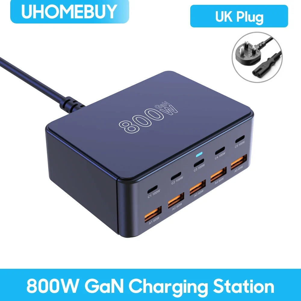 800W USB-C GaN Fast Charger - 100W PD3.0 PPS QC3.0 Multiport Charging Station for iPhone, Samsung & Laptops