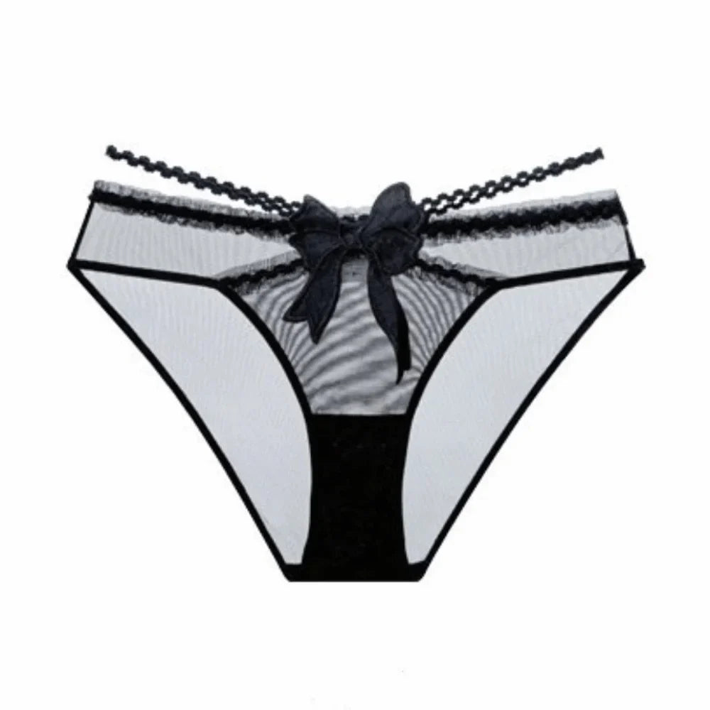 Women’s Low-Waist Lace Briefs - Breathable Mesh Sheer Panties with Bow Detail