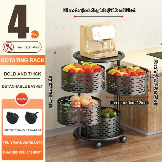 5 Layer Stainless Steel Rotating Shelf - Kitchen & Bathroom Storage Baskets, Fruit & Vegetable Rack with Wheels