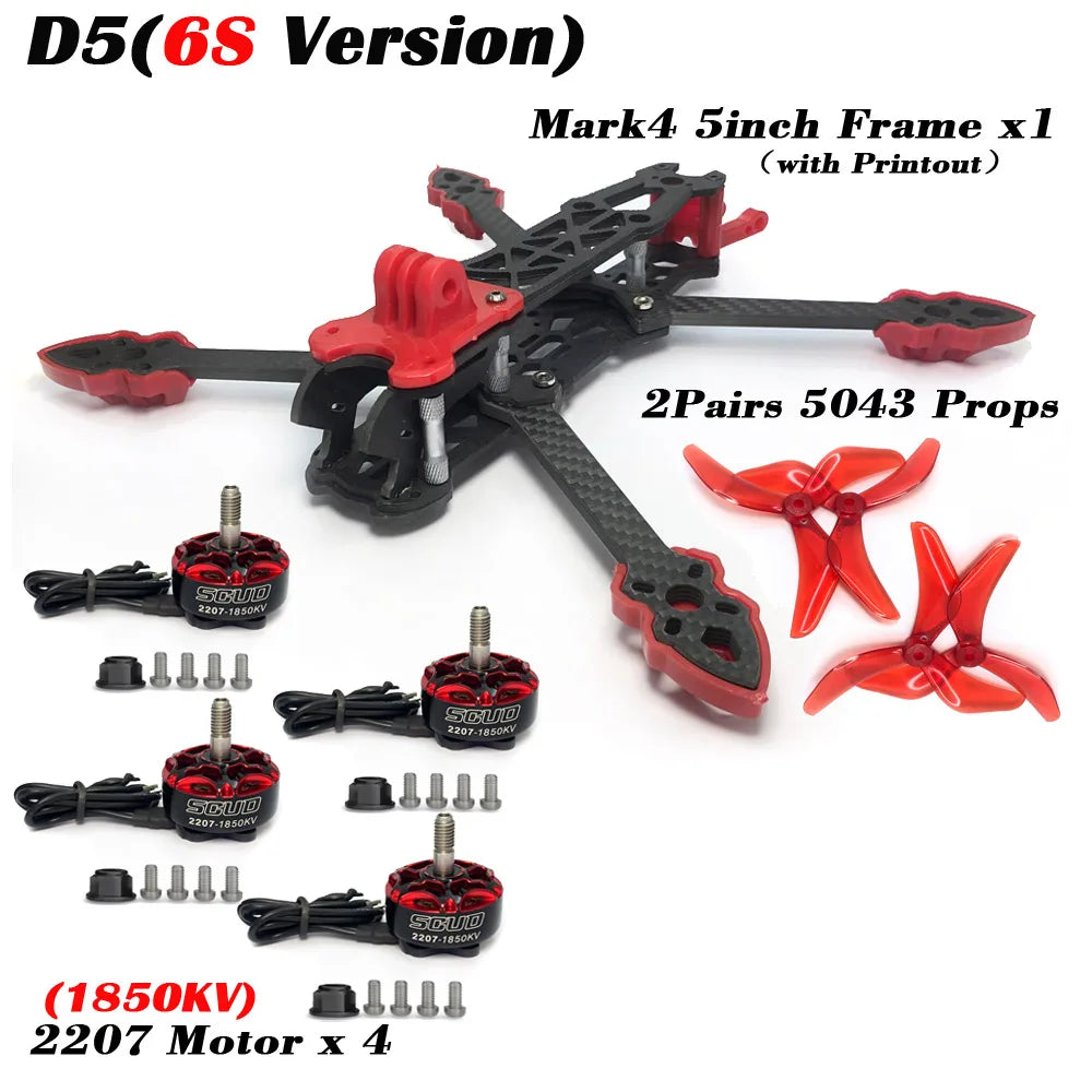 Mark4 5-Inch D5/D5C FPV Carbon Fiber Frame – 5mm Arm, 5043 Propeller, F4V3S FC, 45A ESC Stack & ELRS 915MHz Drone Kit