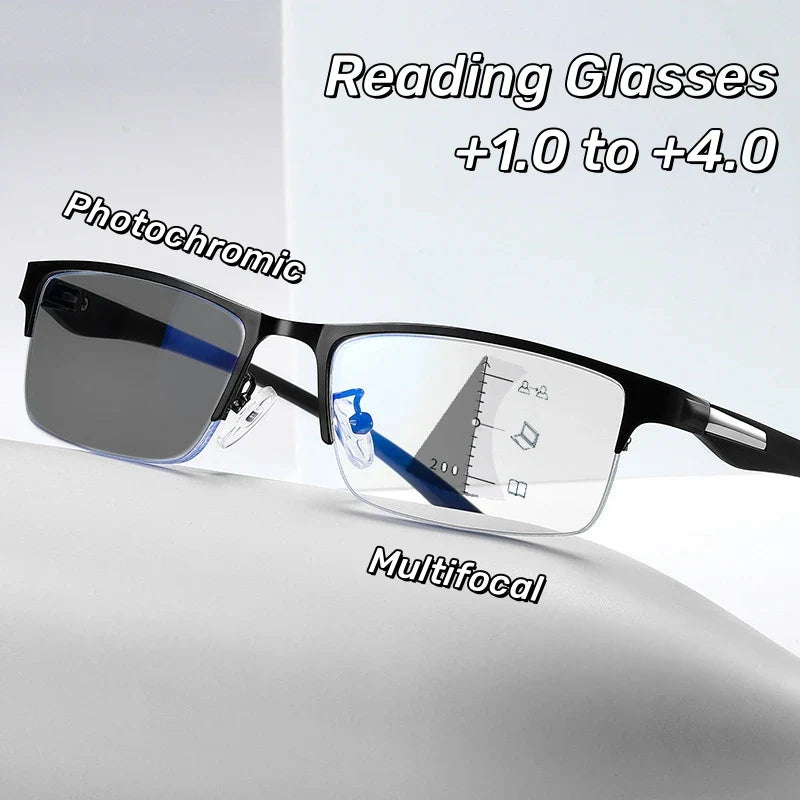 Progressive Multifocal Photochromic Reading Glasses – Anti-Blue Light Half Frame for Men with Presbyopia & Far Sight Protection